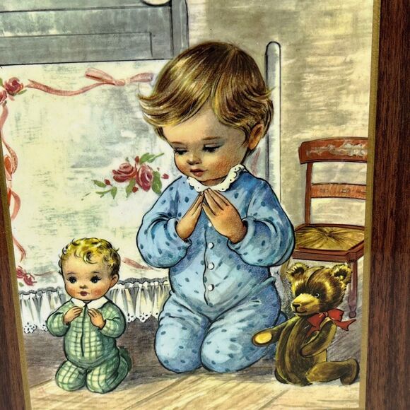 Baby Praying Print Retro Teddy Bear Vintage Bonella Milano Italy Print on Wood - Picture 2 of 14